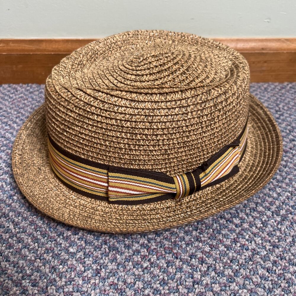 Epoch Fancy Summer Straw Pork Pie Derby Fedora Men's S/M Tan Upturn Brim Hat